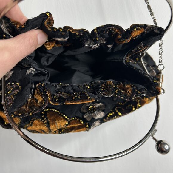 Brown, Black, Copper Floral Velvet Purse with Glitter Details and Satin Lining - Picture 7 of 9